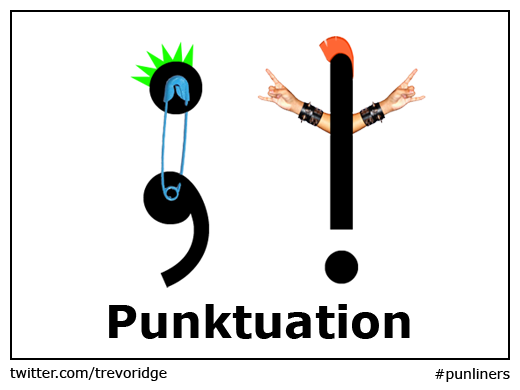 Punktuation. An exclamation mark and a question mark with piercings and mohawks. God Save The Queen(‘s English).
